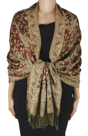 Light Brown Peach Couture Elegant Double Layer Reversible Paisley Pashmina Shawl Wrap Scarf