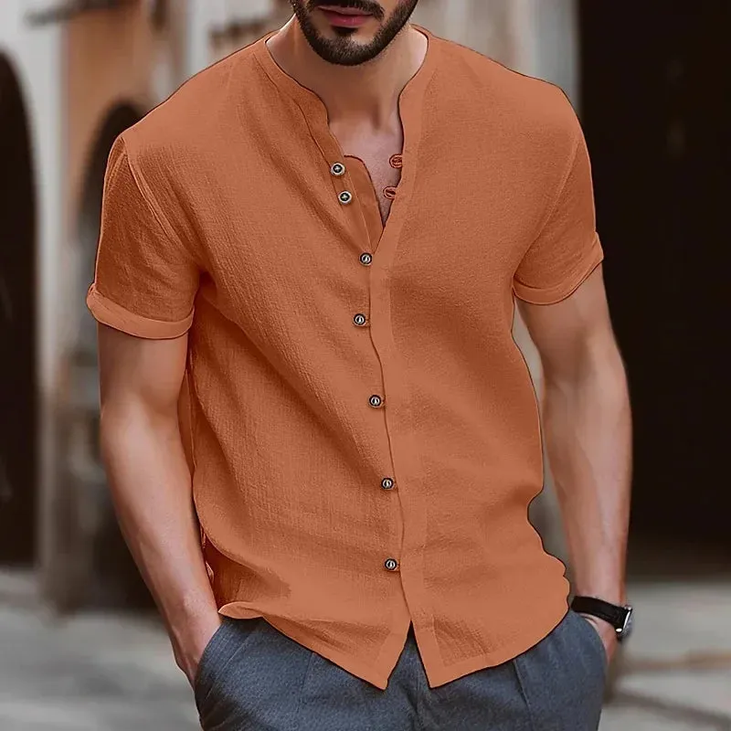 Men Casual Solid Color Retro Button Short Sleeve Shirt for Men Collar High Quality Fashion Mens Shirts Summer Slim Fit