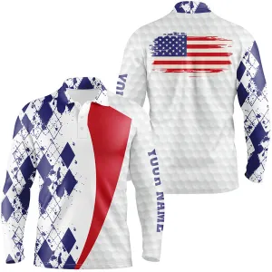 Mens Golf Polos Shirts Custom American Flag Blue Argyle Pattern White Golf Ball Men'S Golf Shirts