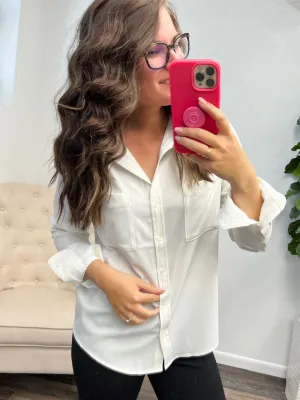 Monique Button Up Long Sleeve Blouse - Ivory Chiffon (Ships in 1-2 Weeks)