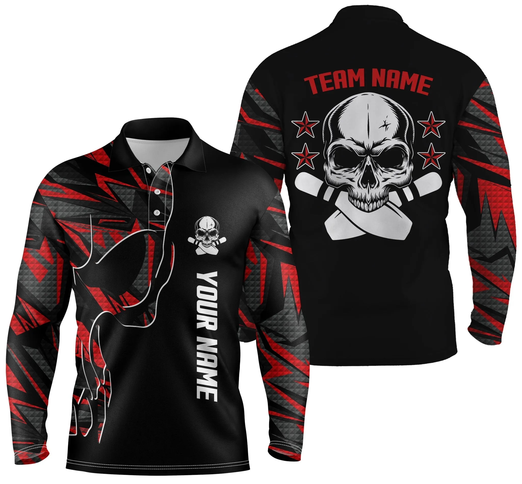 Multi Color Bowling Long Sleeve Polo Shirts For Men Custom Name And Team Name Skull Bowling, Team Bowling Shirts