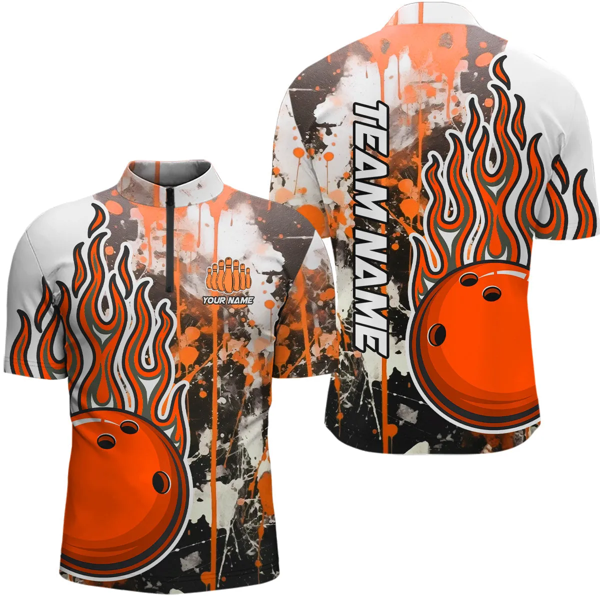 Multicolor Camo Flame Bowling Quarter Zip Shirts Men Custom Bowling Team Jerseys Bowling Shirts