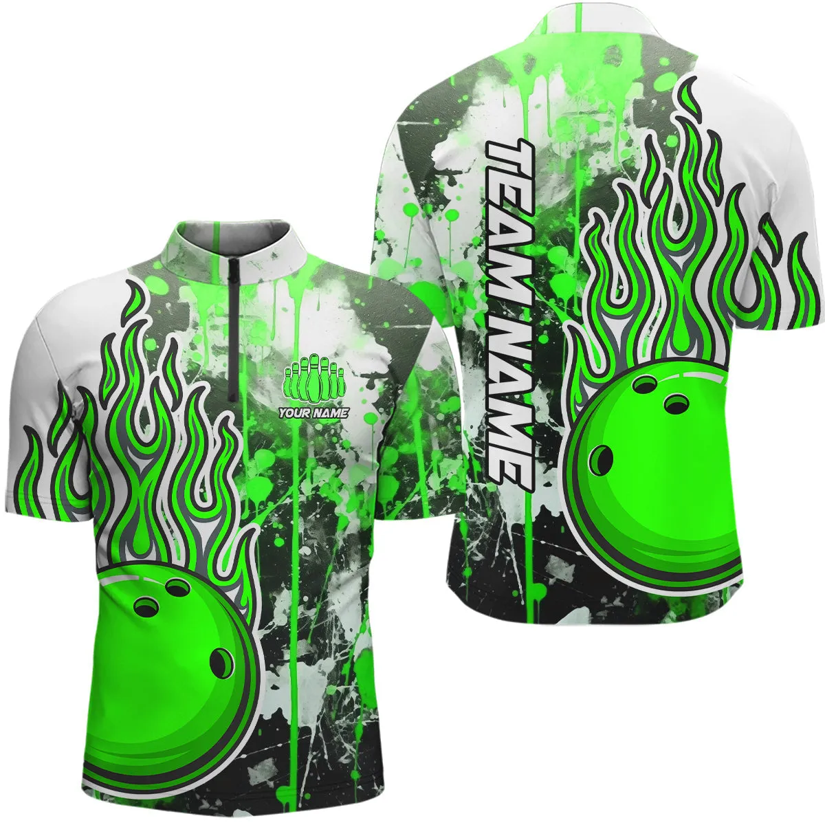 Multicolor Camo Flame Bowling Quarter Zip Shirts Men Custom Bowling Team Jerseys Bowling Shirts