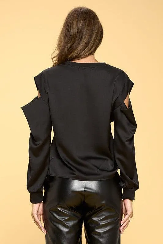 Satin Stretch Open Shoulder Sweatshirt