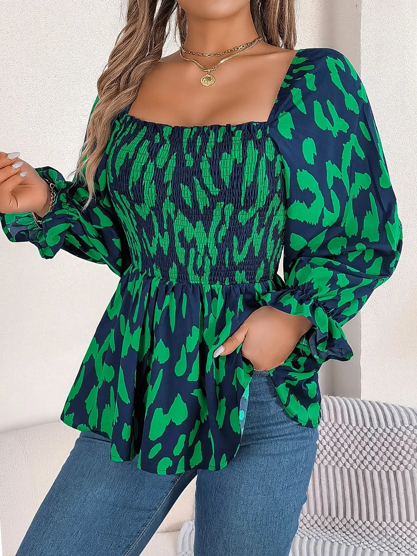 Shirred Print Casual Hem Allover Neck Square Ruffle Blouse