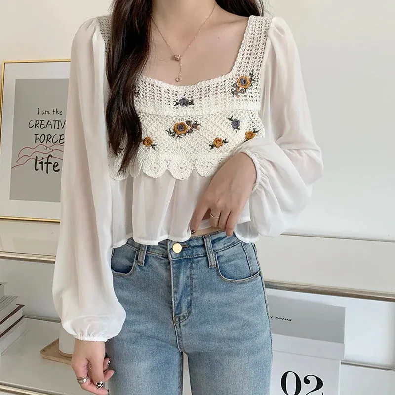 Spring Love Print Loose Petal Sleeve Blouse