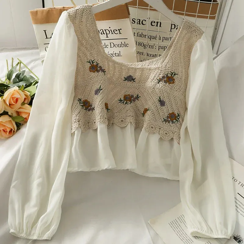 Spring Love Print Loose Petal Sleeve Blouse