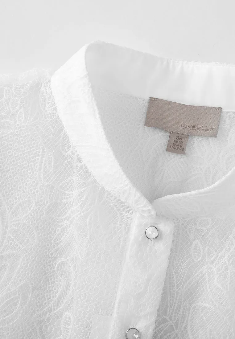 Stand-collar Crystal-button Lace Shirt