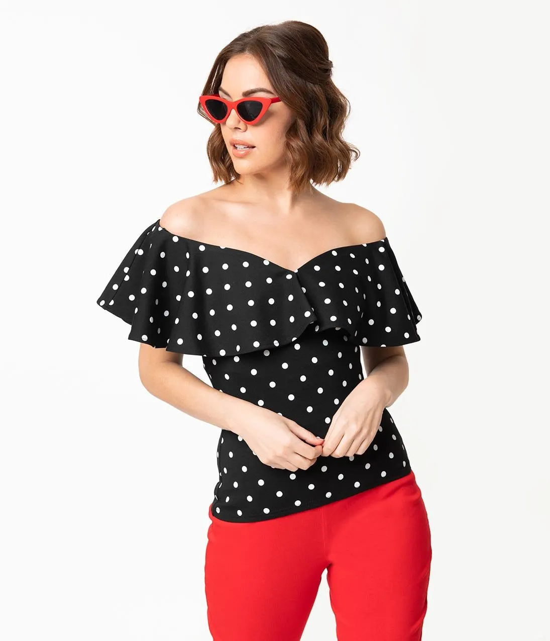 Unique Vintage 1950s Black & White Polka Dot Off Shoulder Ruffle Frenchie Top