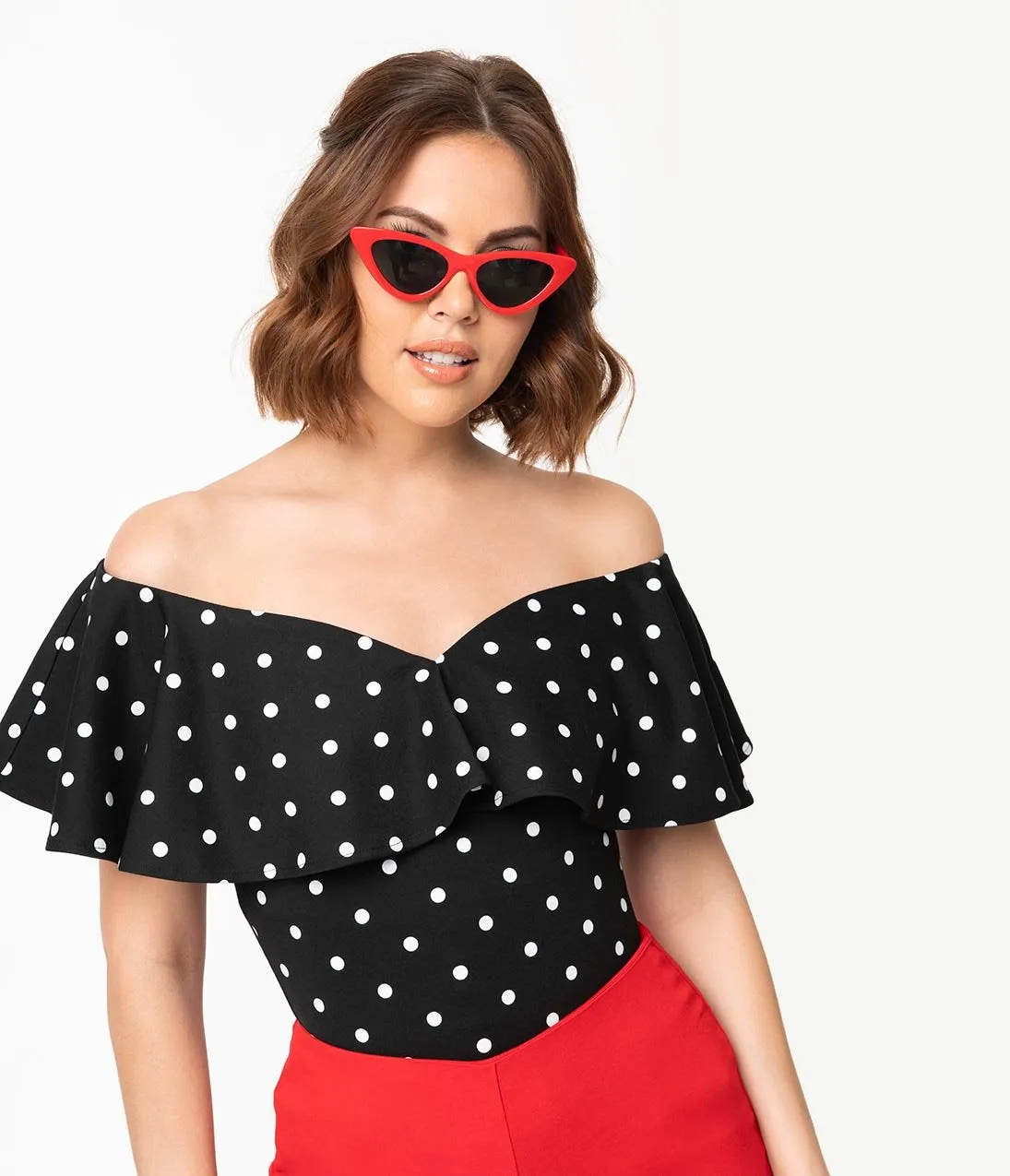 Unique Vintage 1950s Black & White Polka Dot Off Shoulder Ruffle Frenchie Top