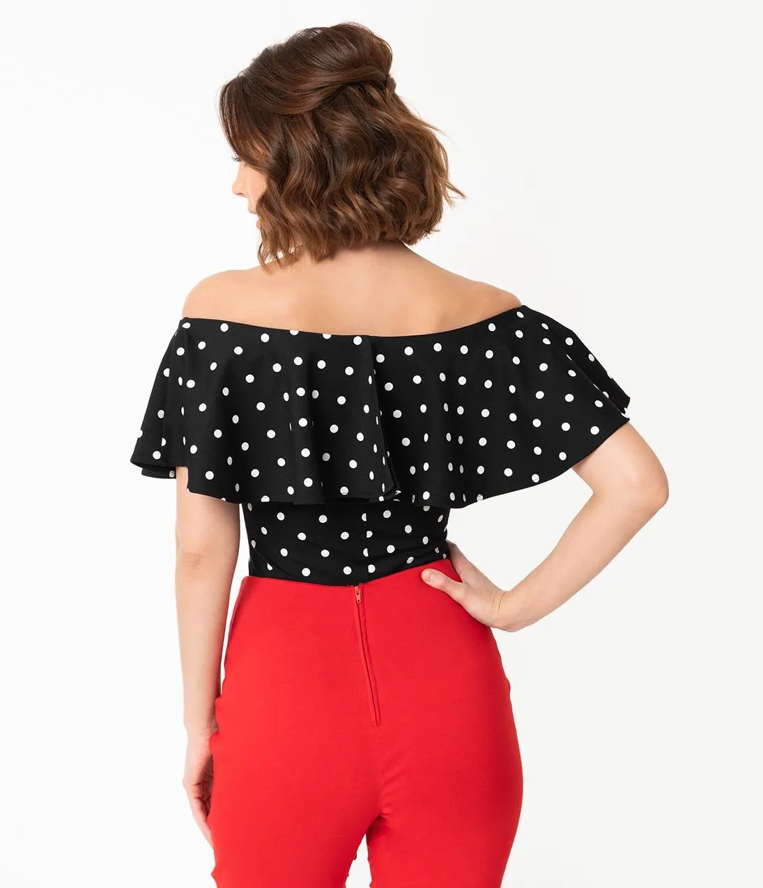 Unique Vintage 1950s Black & White Polka Dot Off Shoulder Ruffle Frenchie Top