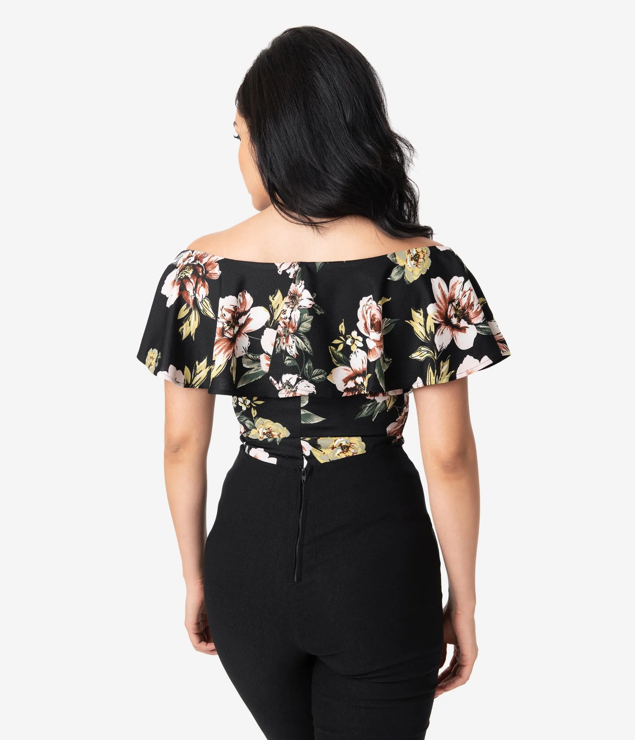 Unique Vintage 1950s Black Floral Off Shoulder Ruffle Frenchie Top