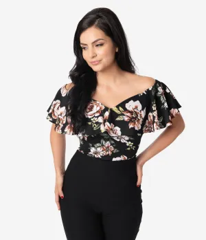 Unique Vintage 1950s Black Floral Off Shoulder Ruffle Frenchie Top