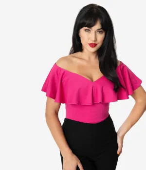 Unique Vintage 1950s Hot Pink Off Shoulder Ruffle Frenchie Top