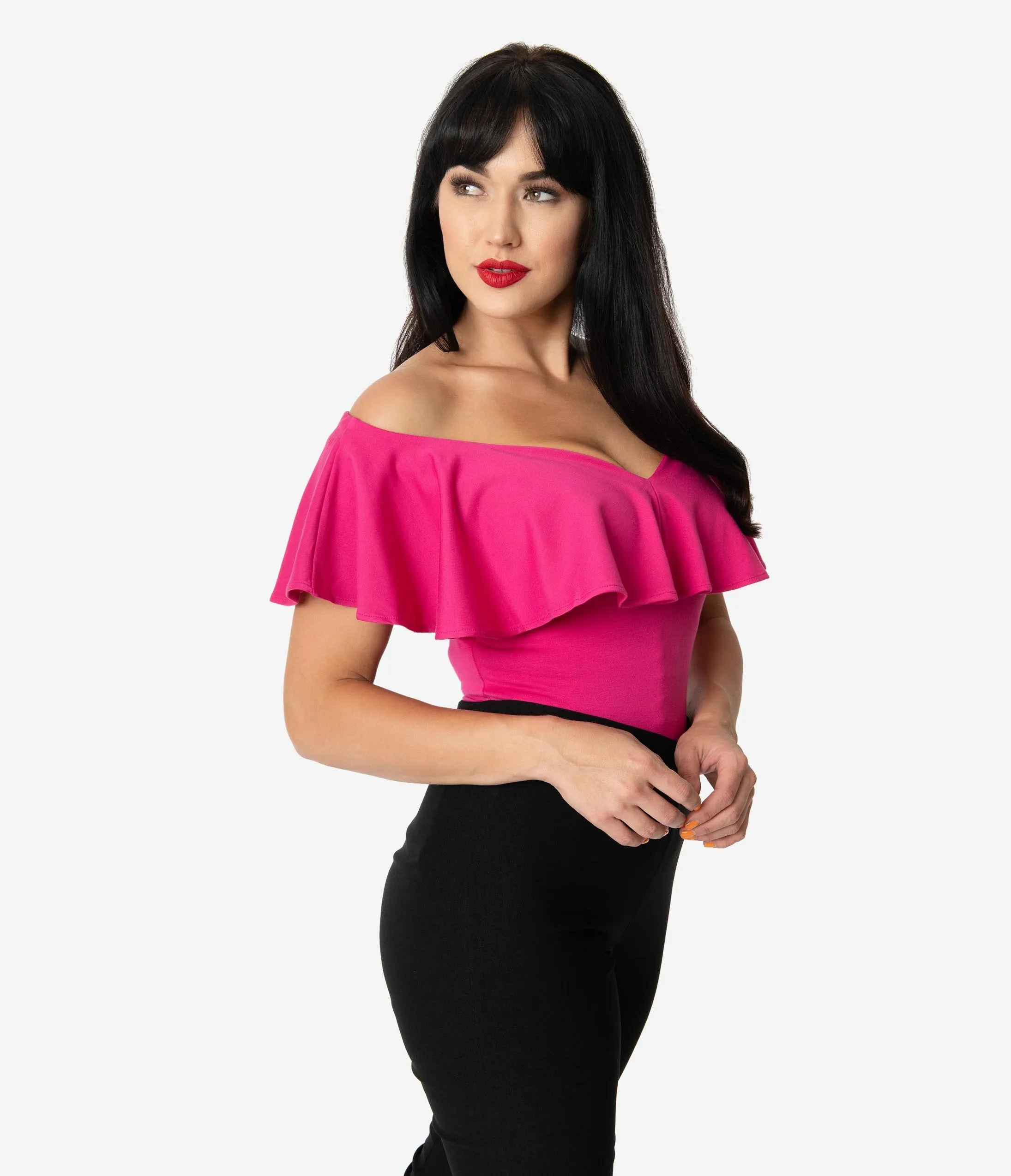 Unique Vintage 1950s Hot Pink Off Shoulder Ruffle Frenchie Top