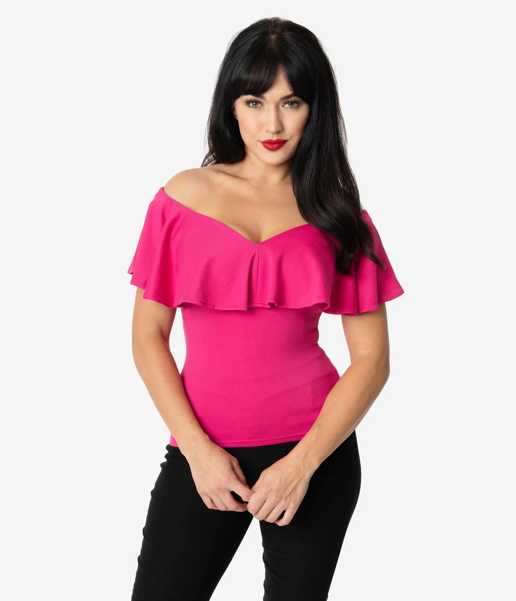 Unique Vintage 1950s Hot Pink Off Shoulder Ruffle Frenchie Top