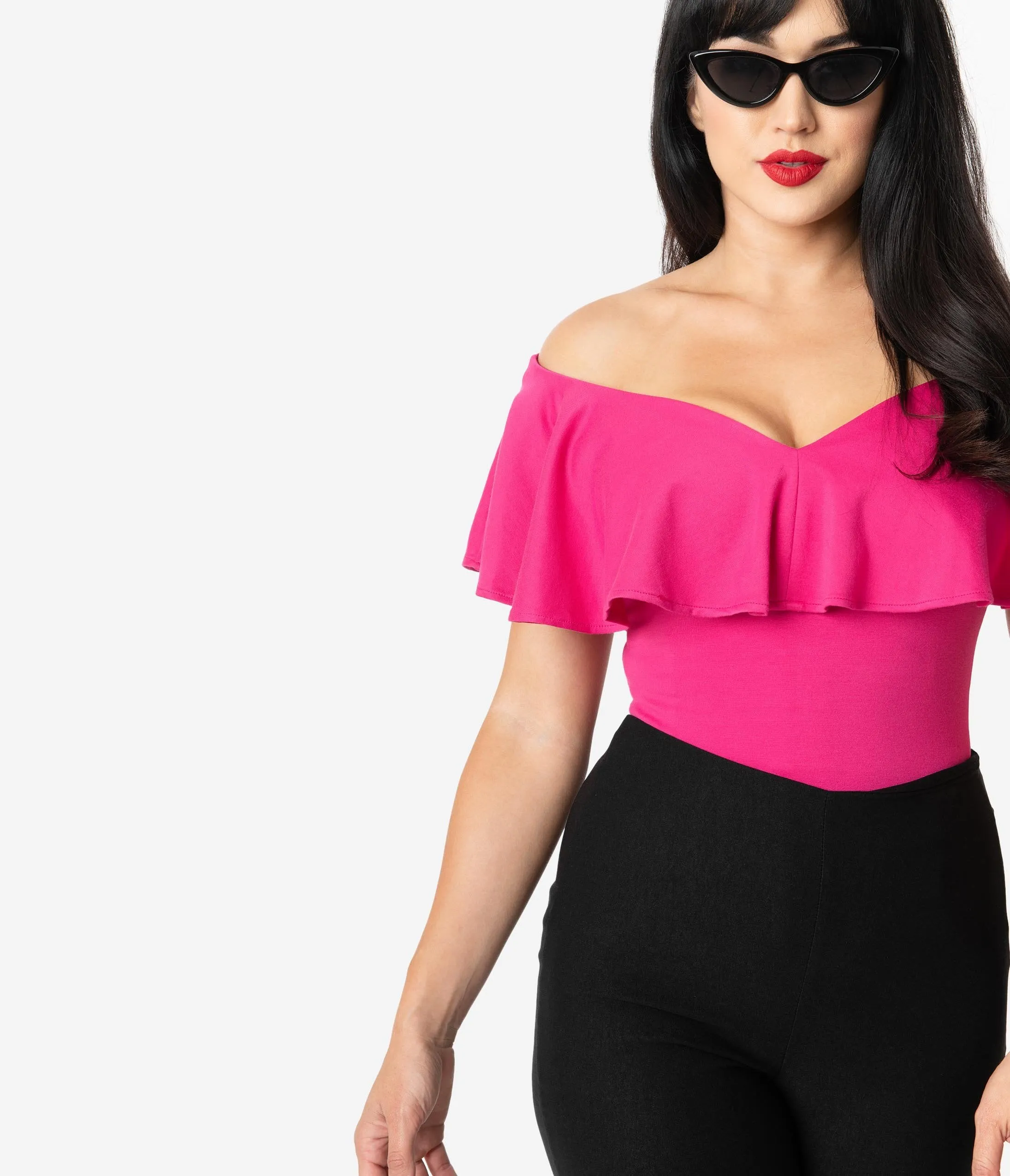 Unique Vintage 1950s Hot Pink Off Shoulder Ruffle Frenchie Top