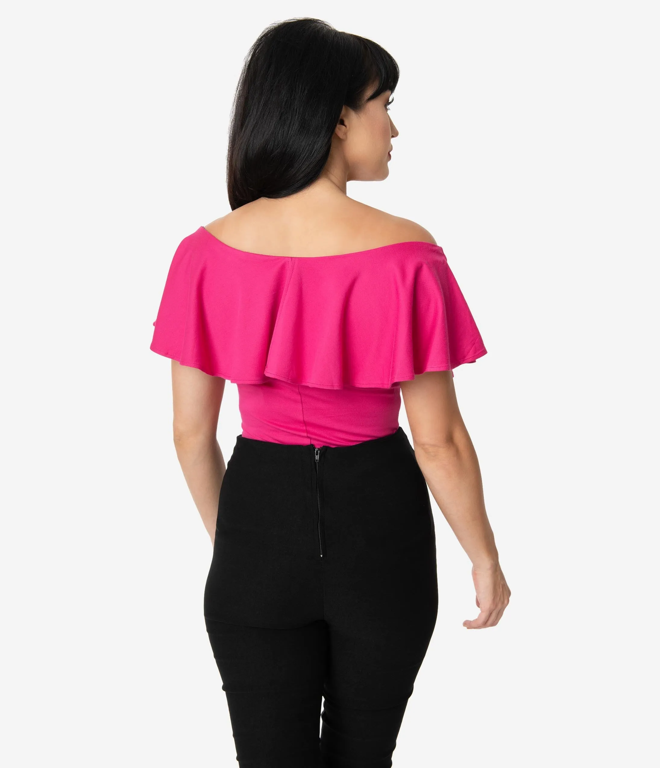 Unique Vintage 1950s Hot Pink Off Shoulder Ruffle Frenchie Top