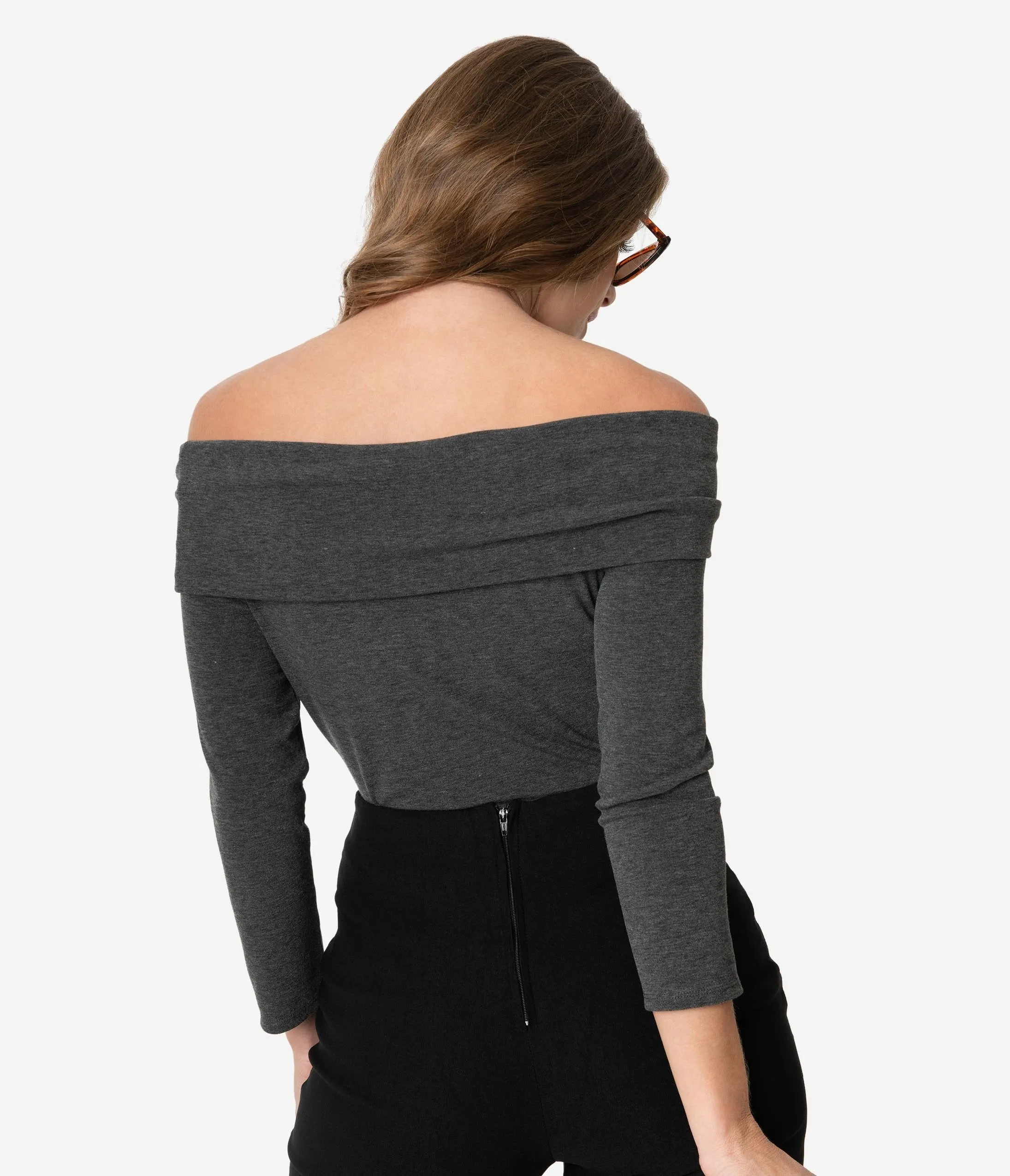 Unique Vintage Dark Grey Off Shoulder Cowl Nina Top