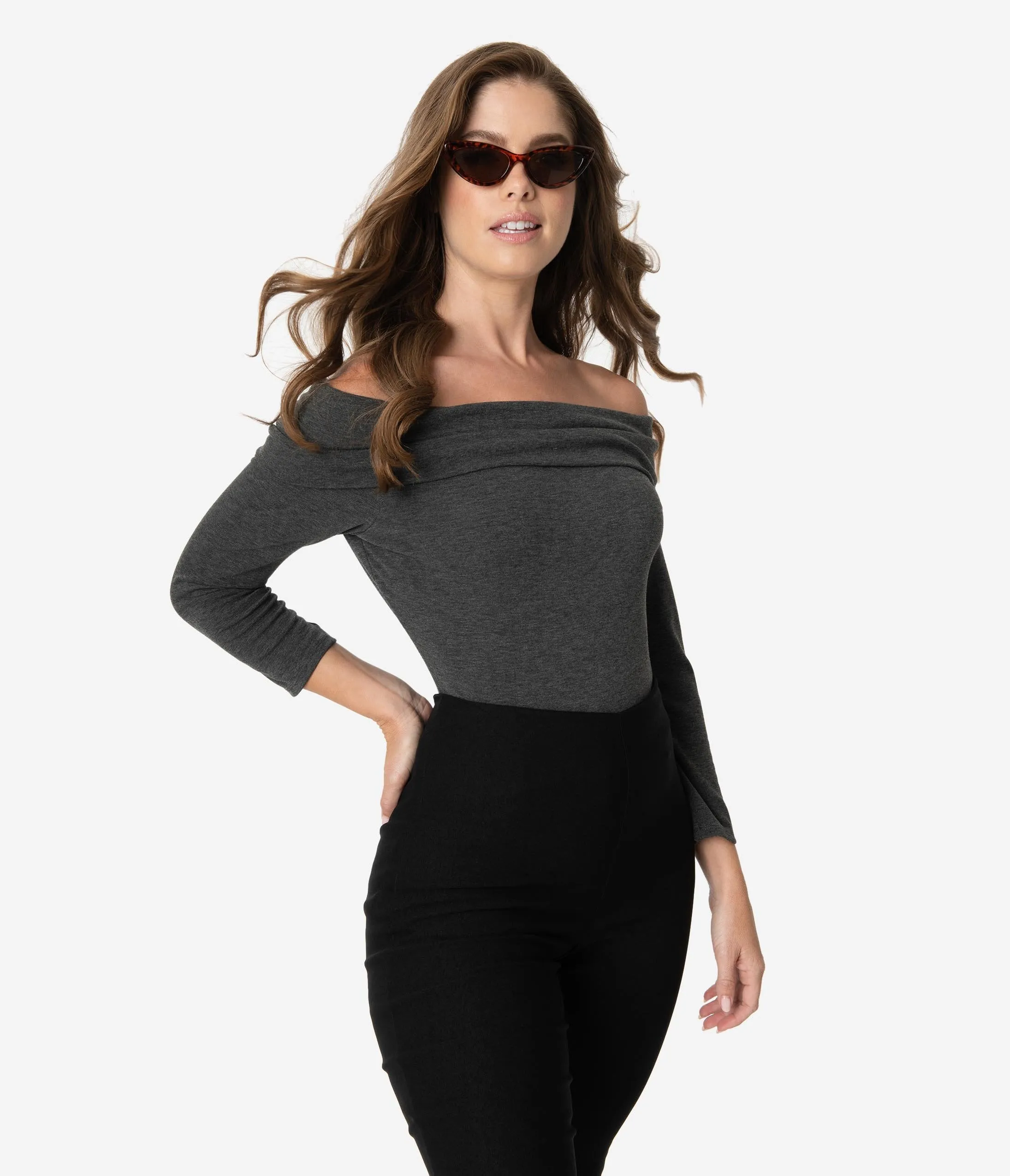 Unique Vintage Dark Grey Off Shoulder Cowl Nina Top