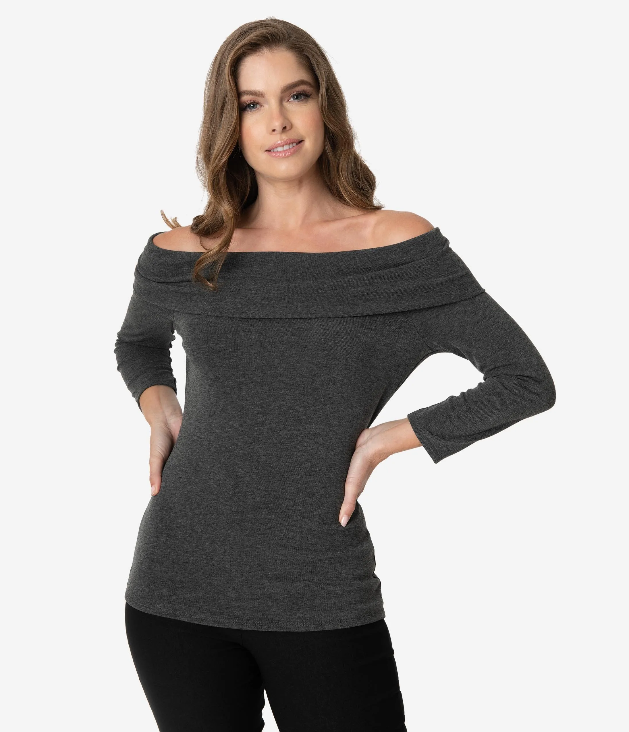 Unique Vintage Dark Grey Off Shoulder Cowl Nina Top