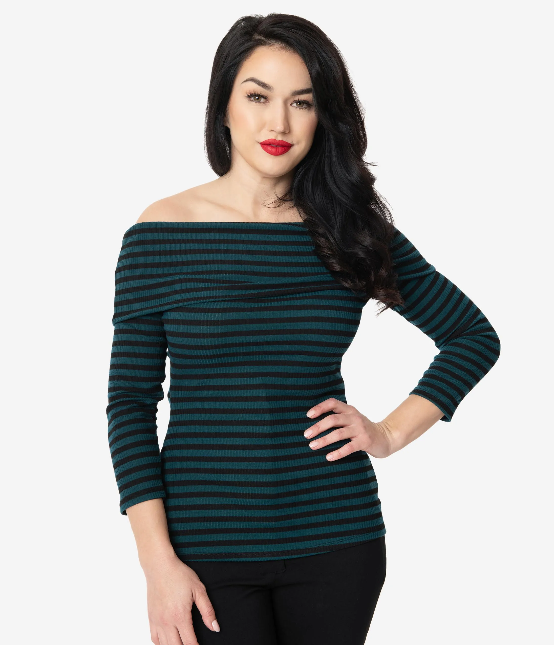 Unique Vintage Dark Teal & Black Stripe Nina Top