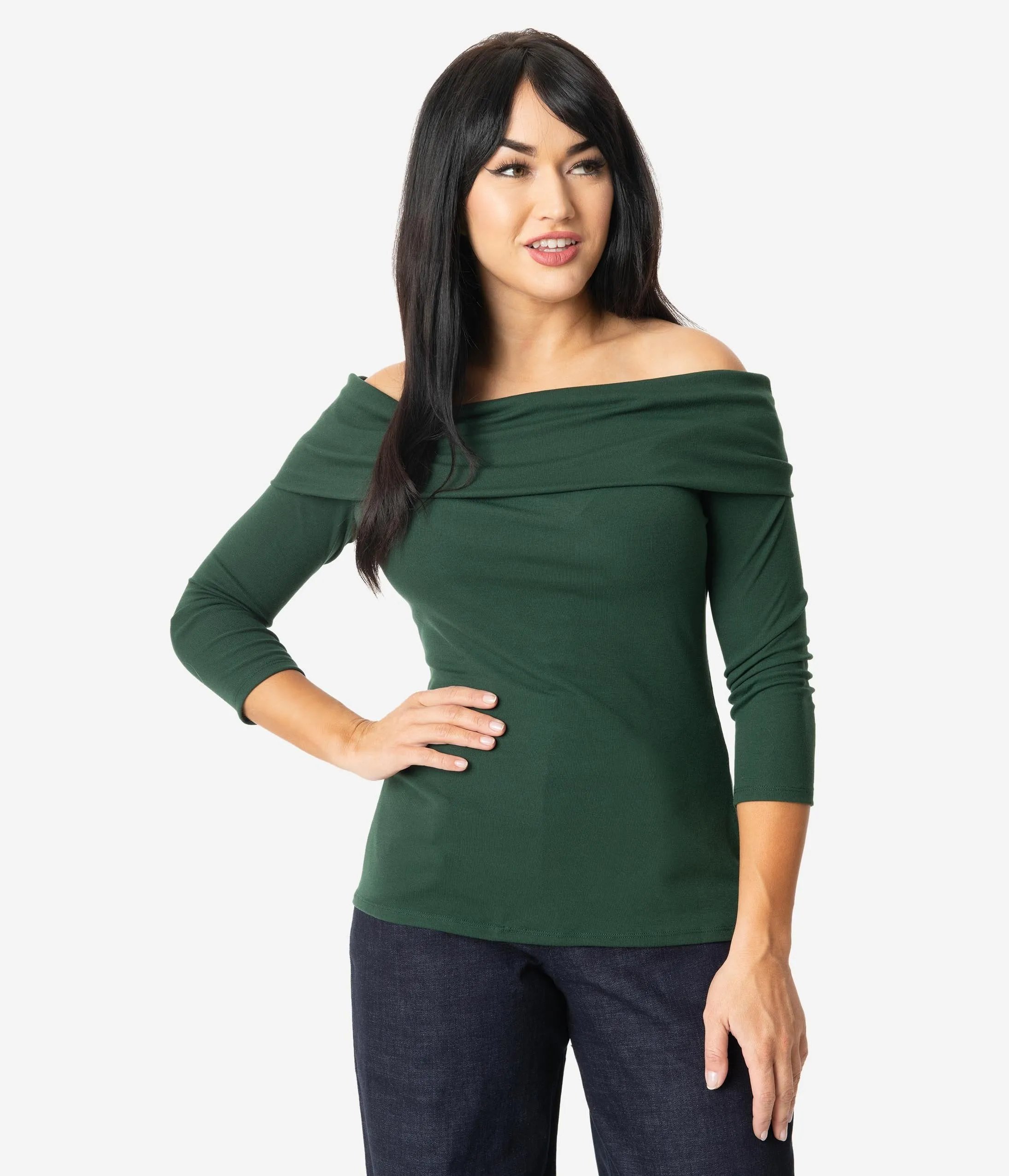 Unique Vintage Emerald Green Off Shoulder Cowl Nina Top