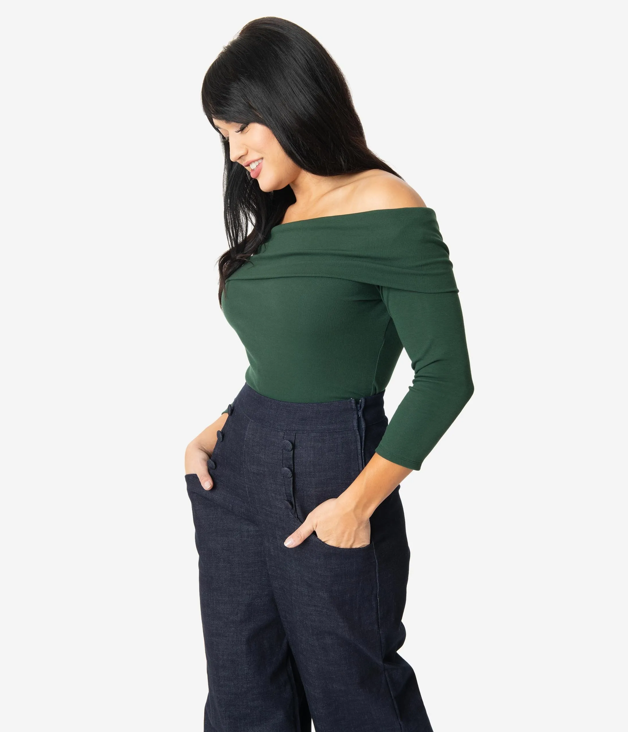 Unique Vintage Emerald Green Off Shoulder Cowl Nina Top