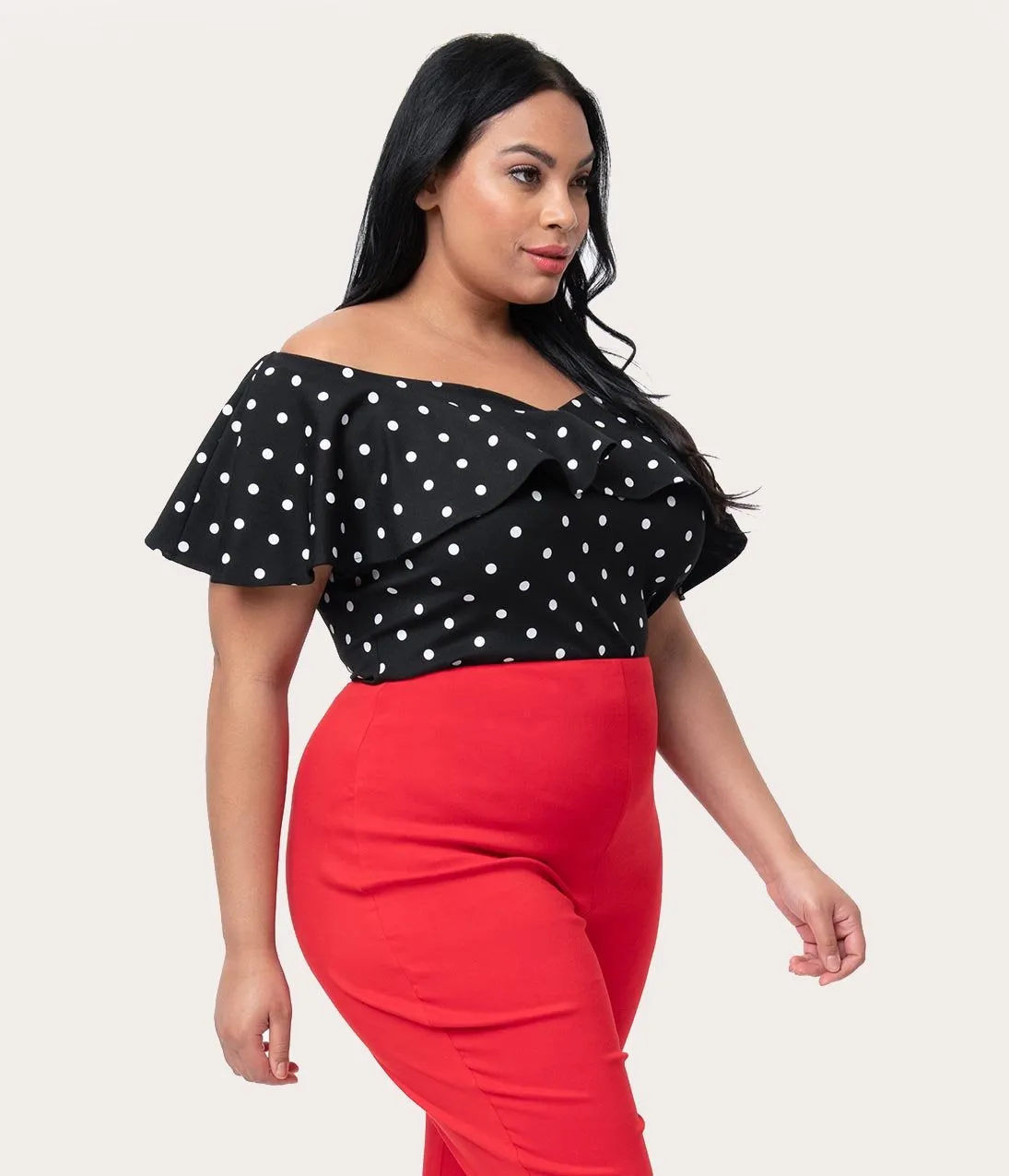 Unique Vintage Plus Size 1950s Black & White Polka Dot Off Shoulder Ruffle Frenchie Top