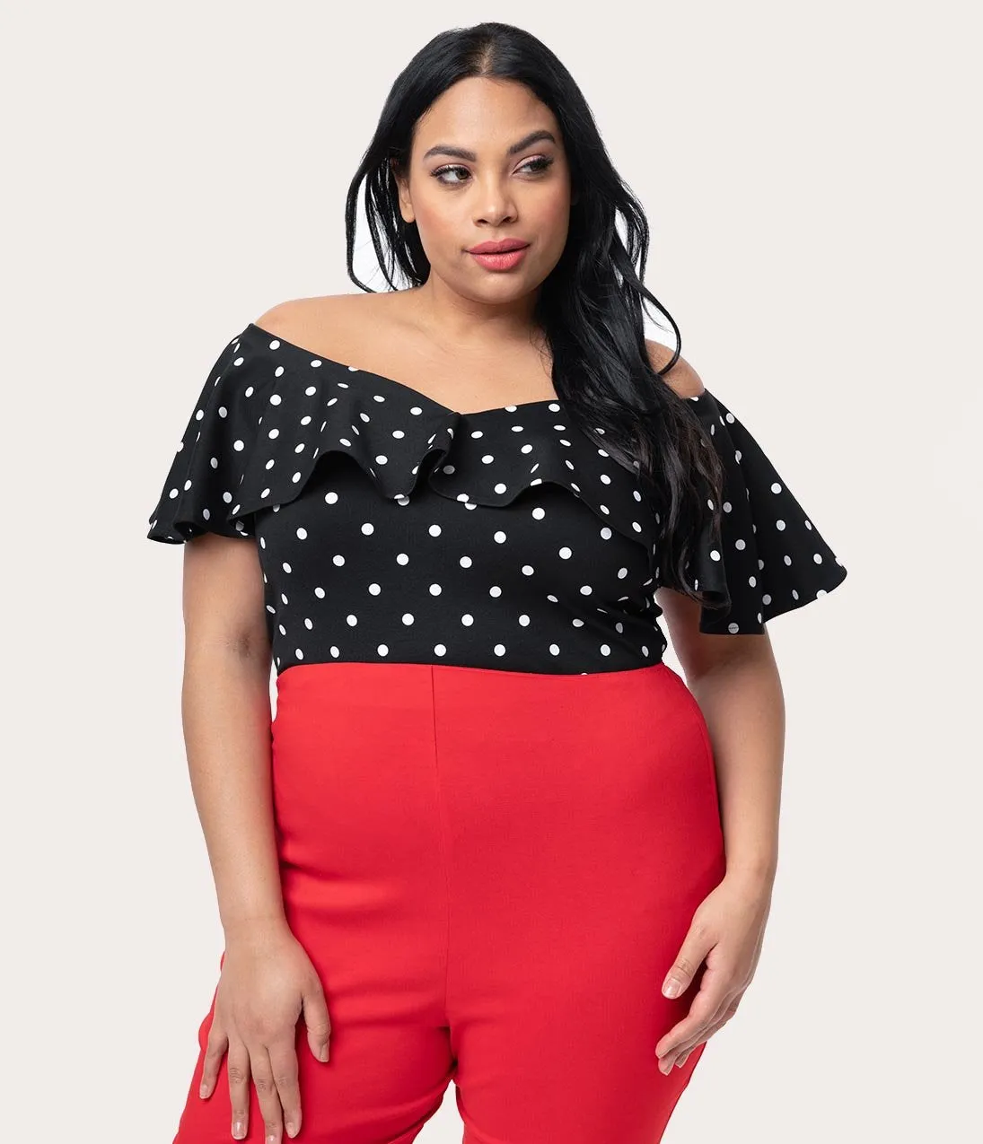 Unique Vintage Plus Size 1950s Black & White Polka Dot Off Shoulder Ruffle Frenchie Top