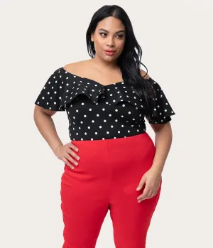 Unique Vintage Plus Size 1950s Black & White Polka Dot Off Shoulder Ruffle Frenchie Top