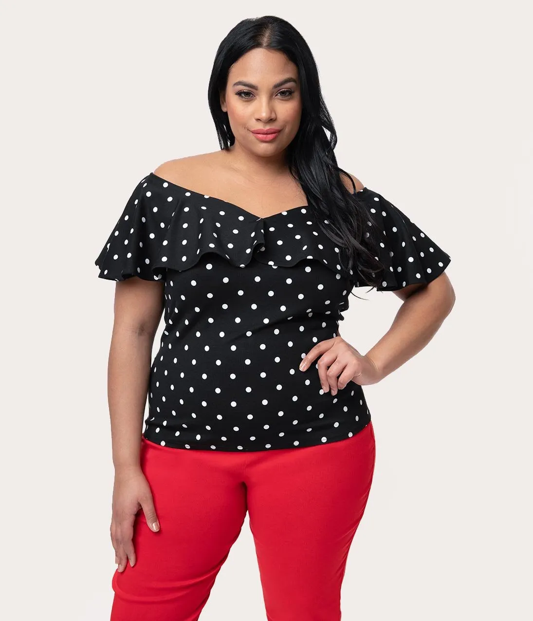 Unique Vintage Plus Size 1950s Black & White Polka Dot Off Shoulder Ruffle Frenchie Top