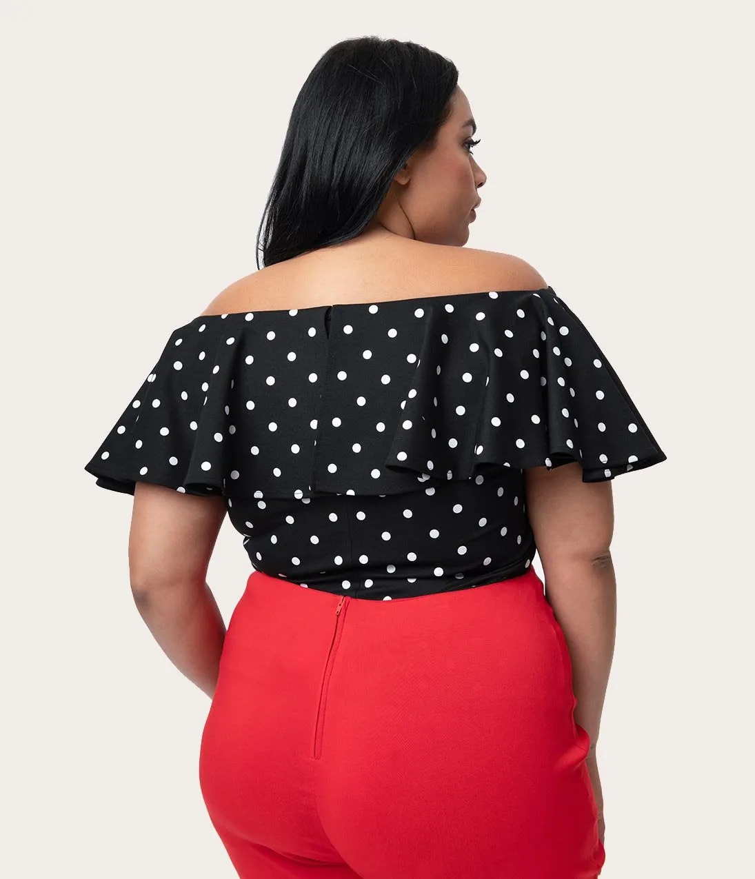 Unique Vintage Plus Size 1950s Black & White Polka Dot Off Shoulder Ruffle Frenchie Top