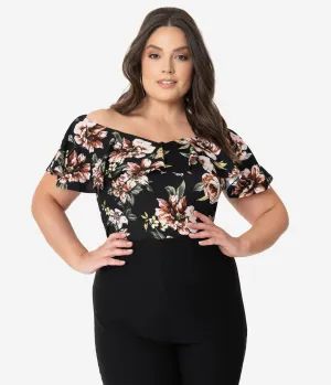 Unique Vintage Plus Size 1950s Black Floral Ruffle Frenchie Top