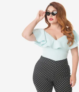 Unique Vintage Plus Size 1950s Pale Blue Ruffle Frenchie Top