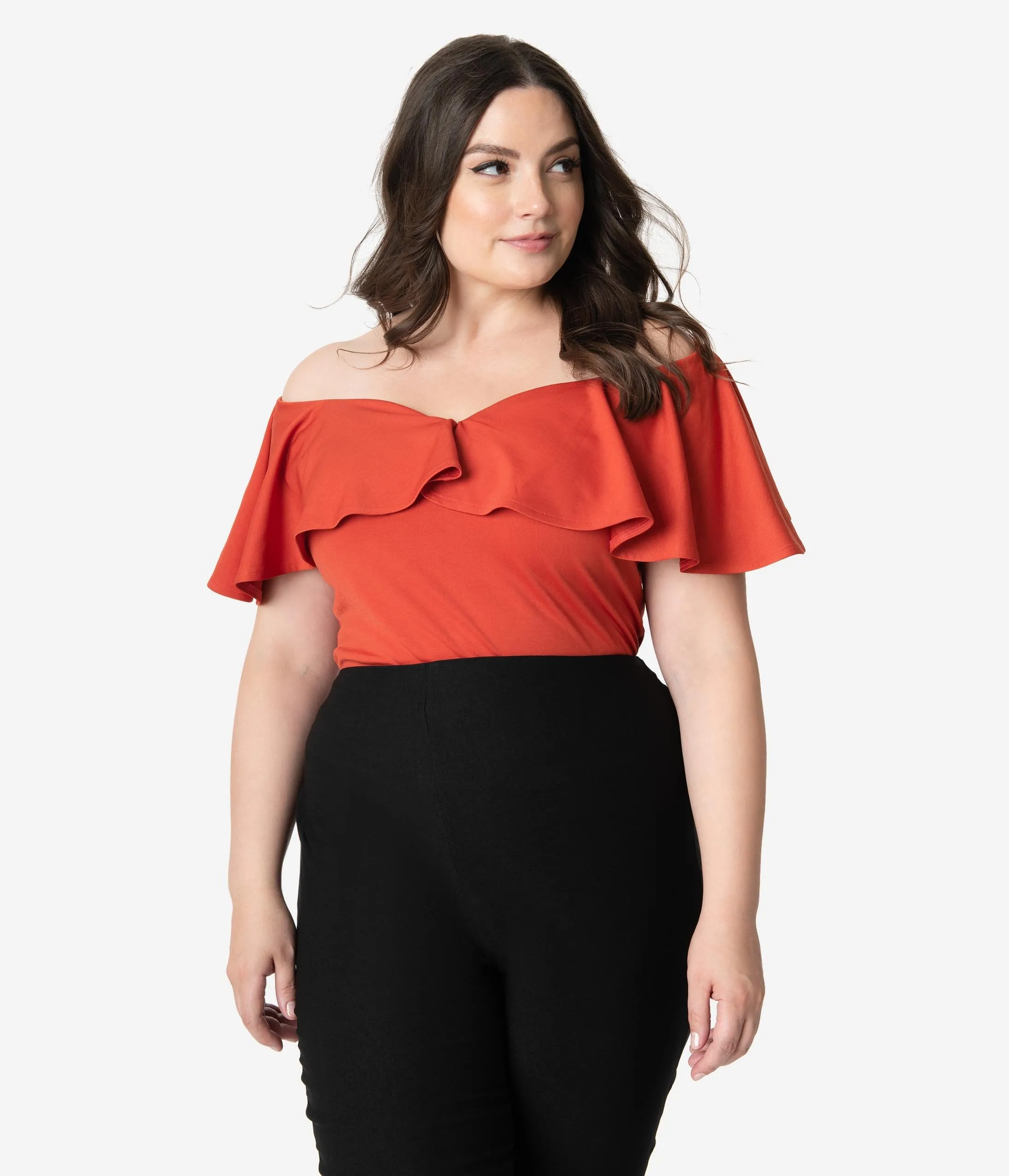 Unique Vintage Plus Size 1950s Paprika Off Shoulder Ruffle Frenchie Top