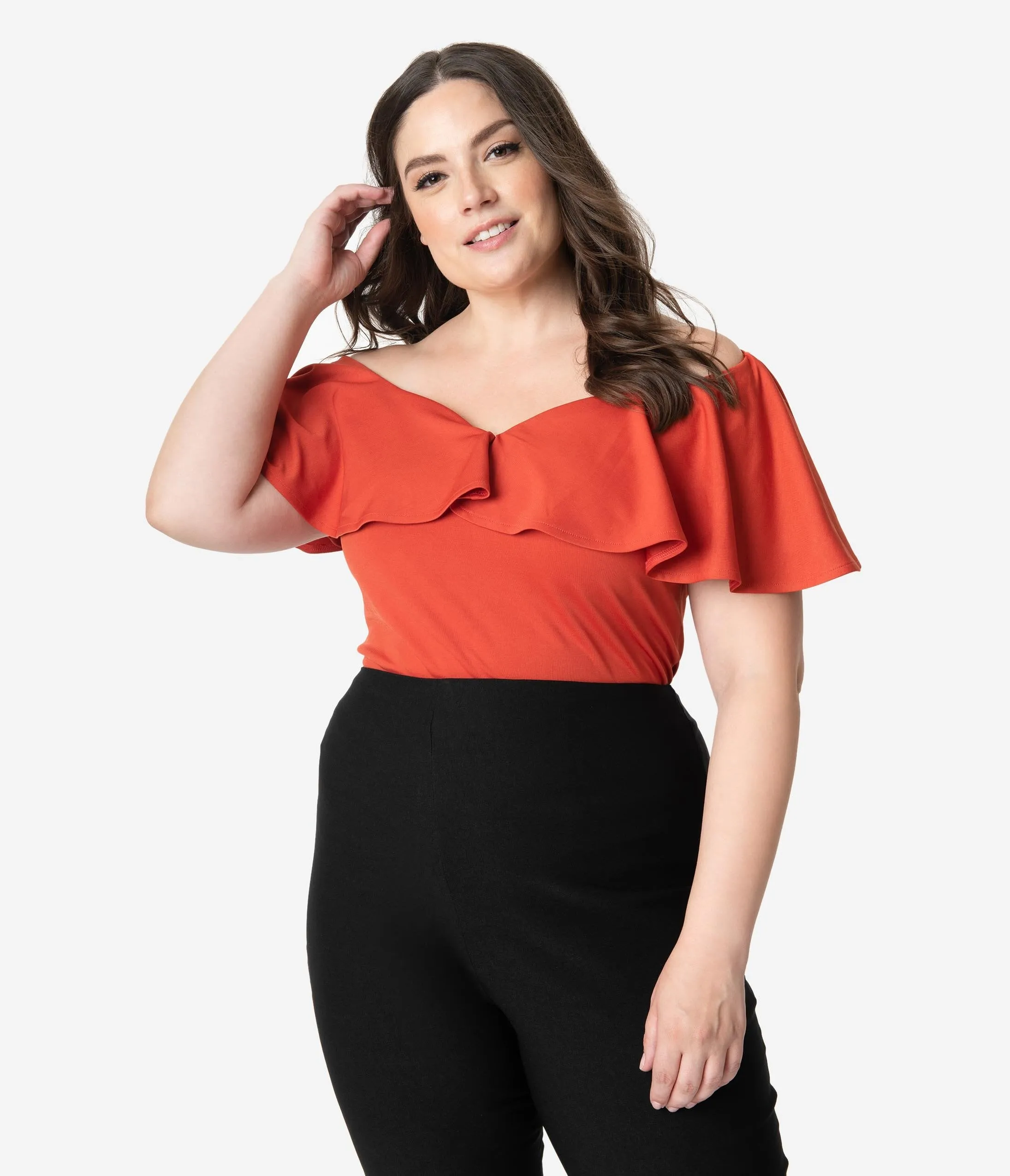 Unique Vintage Plus Size 1950s Paprika Off Shoulder Ruffle Frenchie Top