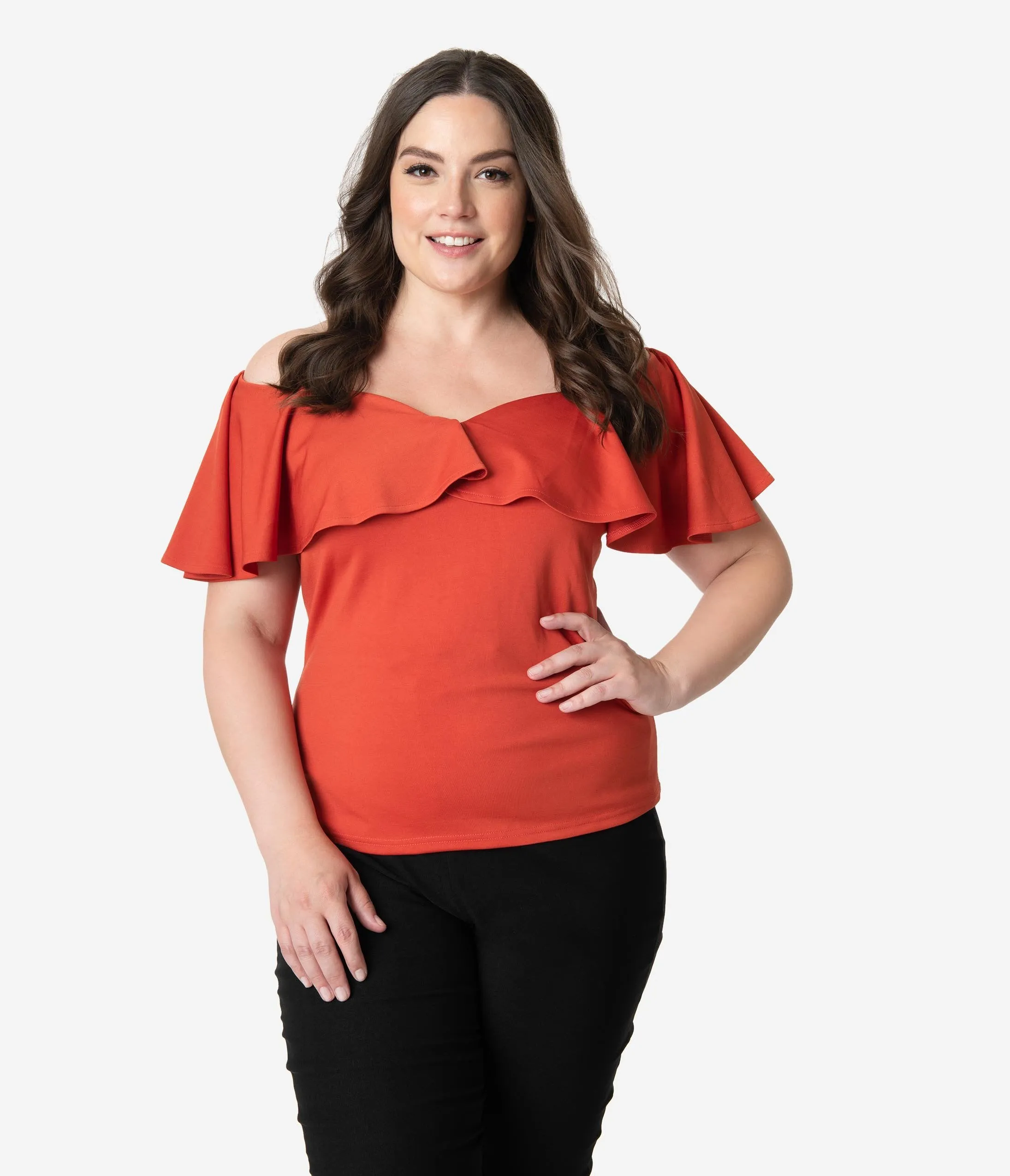 Unique Vintage Plus Size 1950s Paprika Off Shoulder Ruffle Frenchie Top