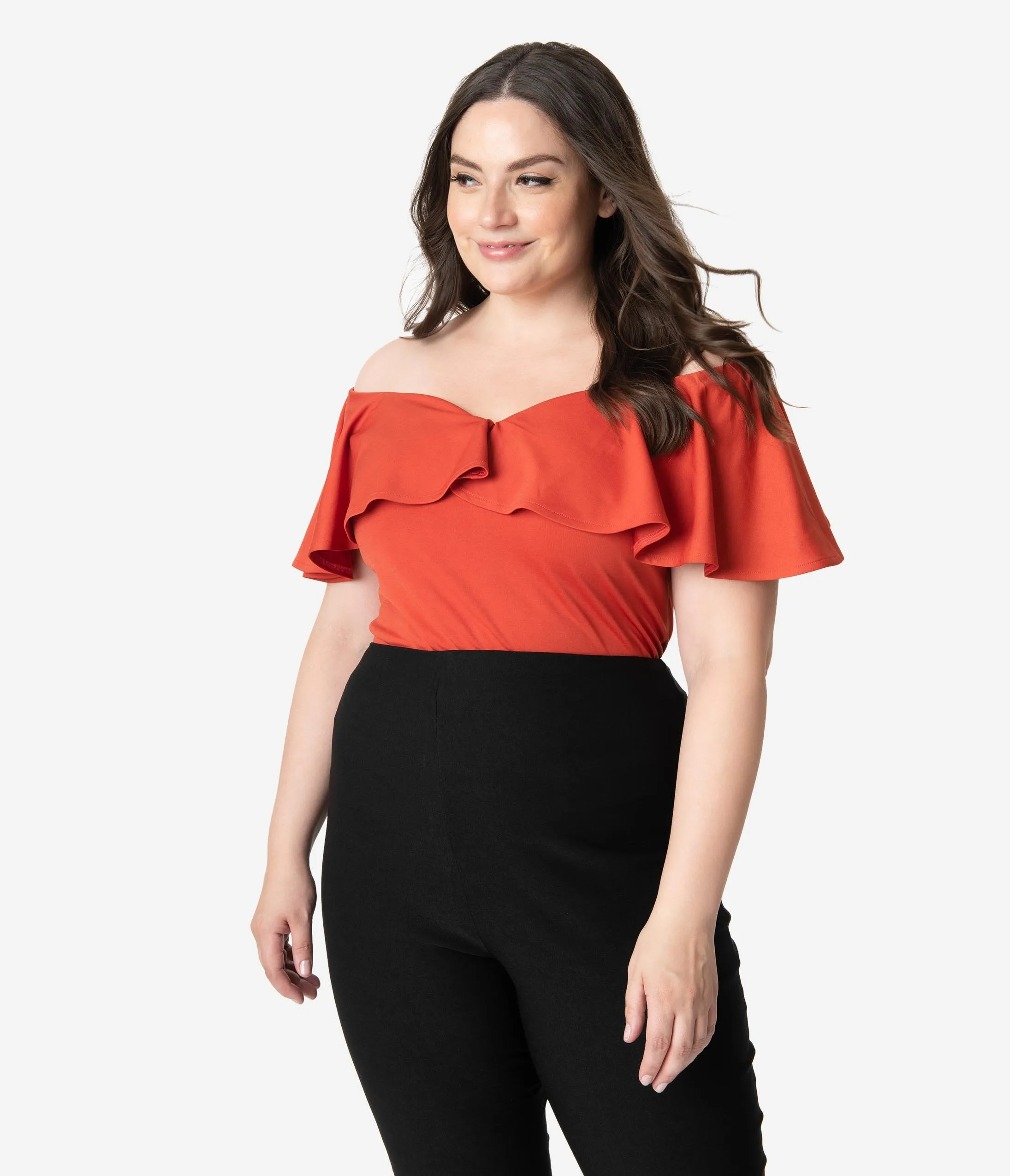 Unique Vintage Plus Size 1950s Paprika Off Shoulder Ruffle Frenchie Top