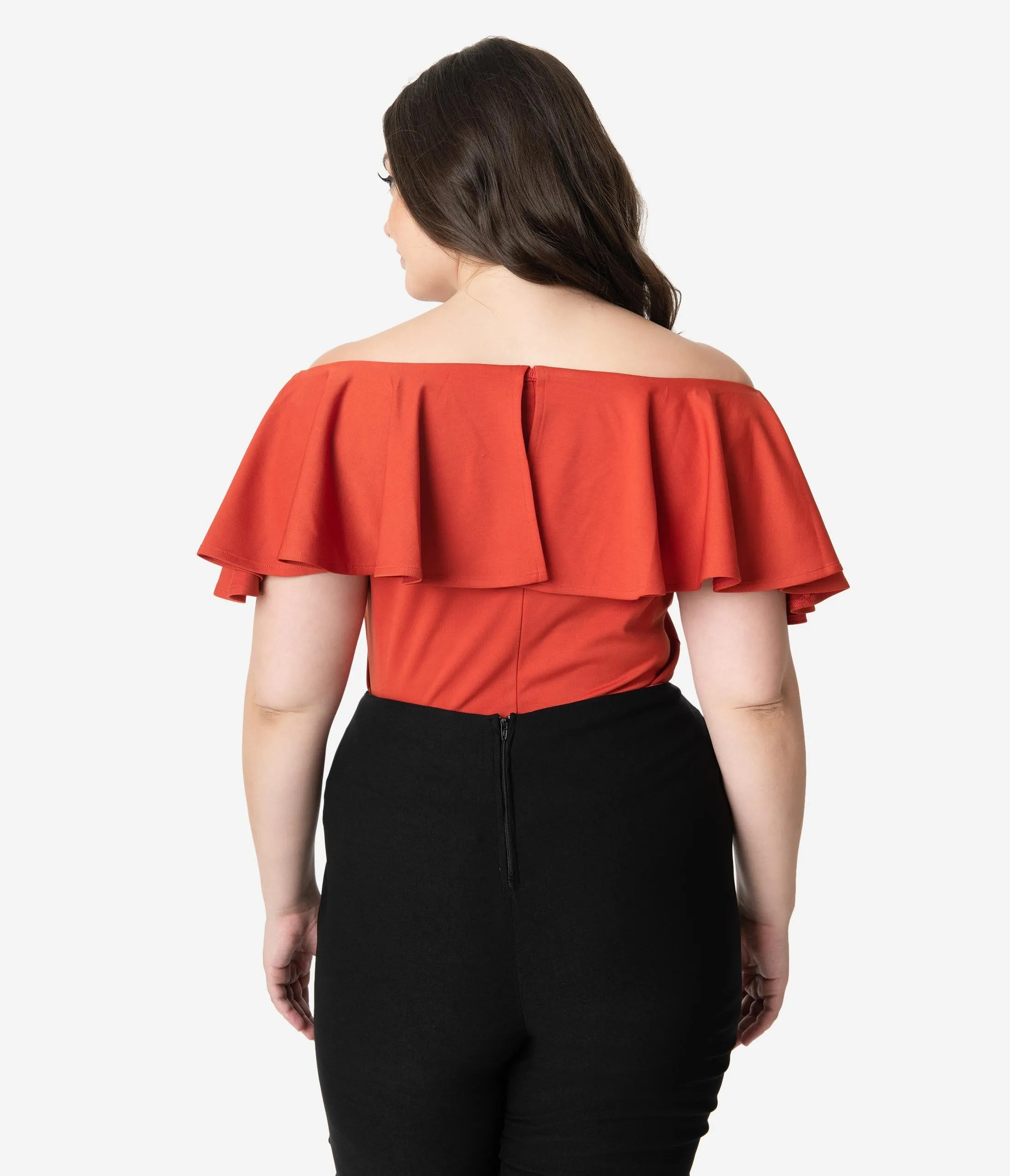 Unique Vintage Plus Size 1950s Paprika Off Shoulder Ruffle Frenchie Top