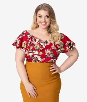 Unique Vintage Plus Size Burgundy Floral Off Shoulder Ruffle Frenchie Top