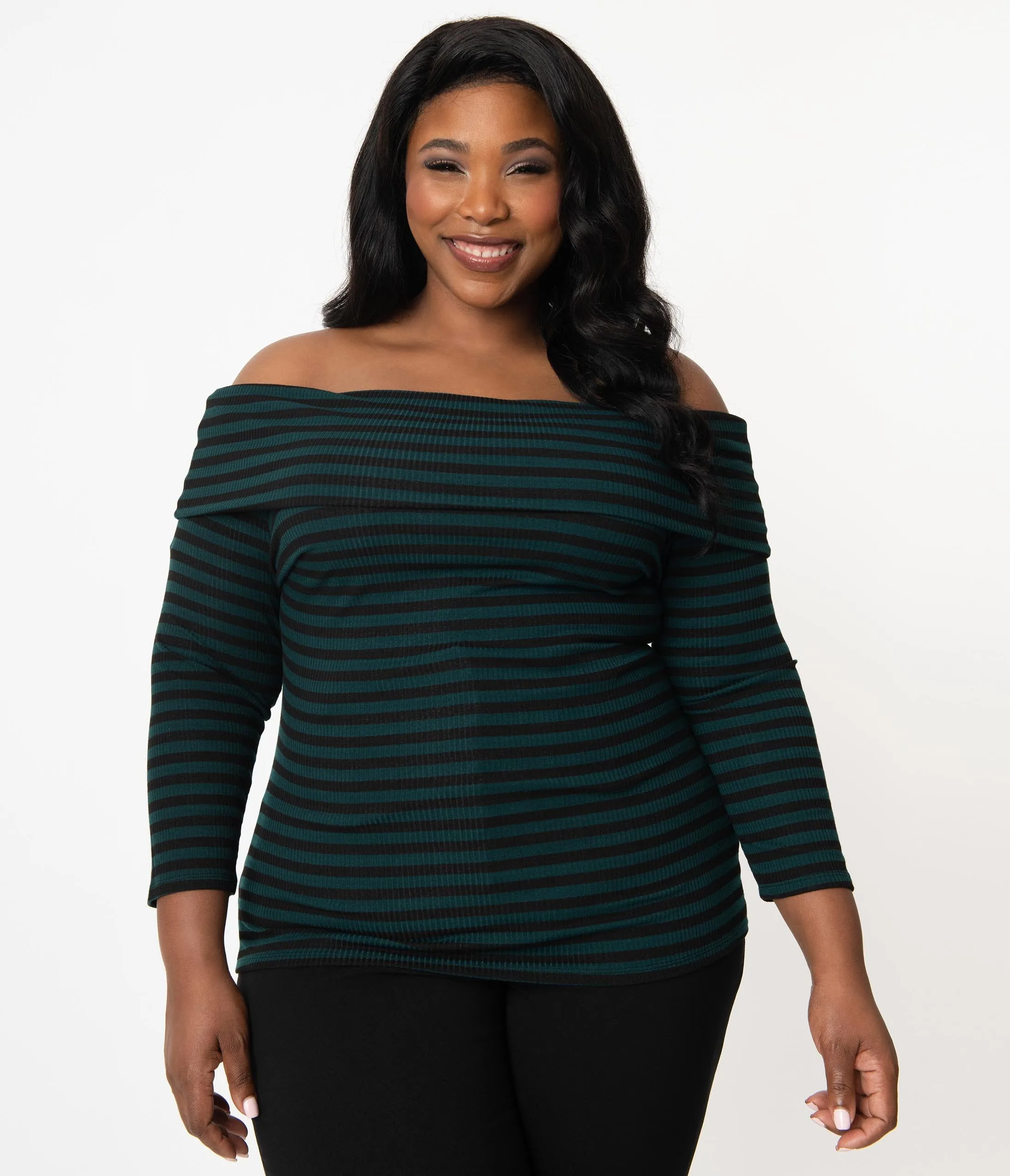 Unique Vintage Plus Size Dark Teal & Black Stripe Nina Top