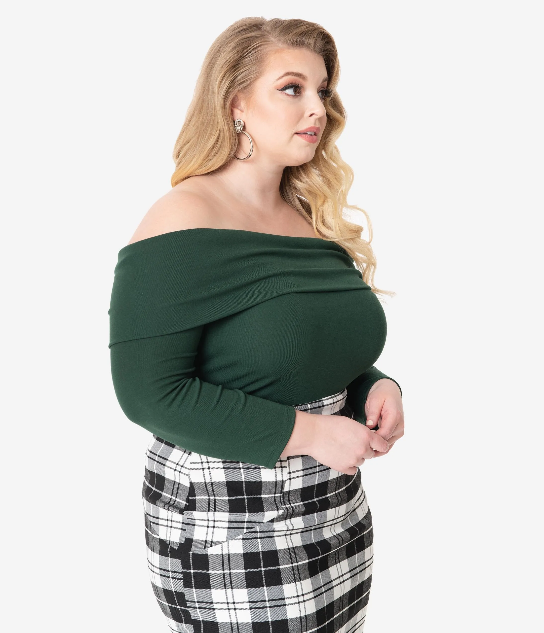 Unique Vintage Plus Size Emerald Green Off Shoulder Cowl Nina Top