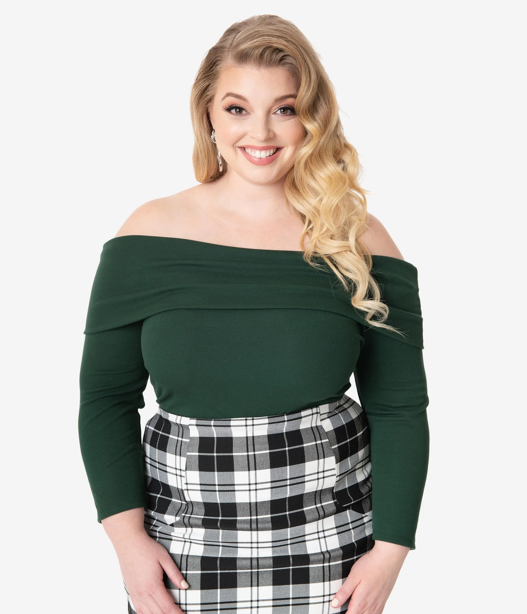 Unique Vintage Plus Size Emerald Green Off Shoulder Cowl Nina Top