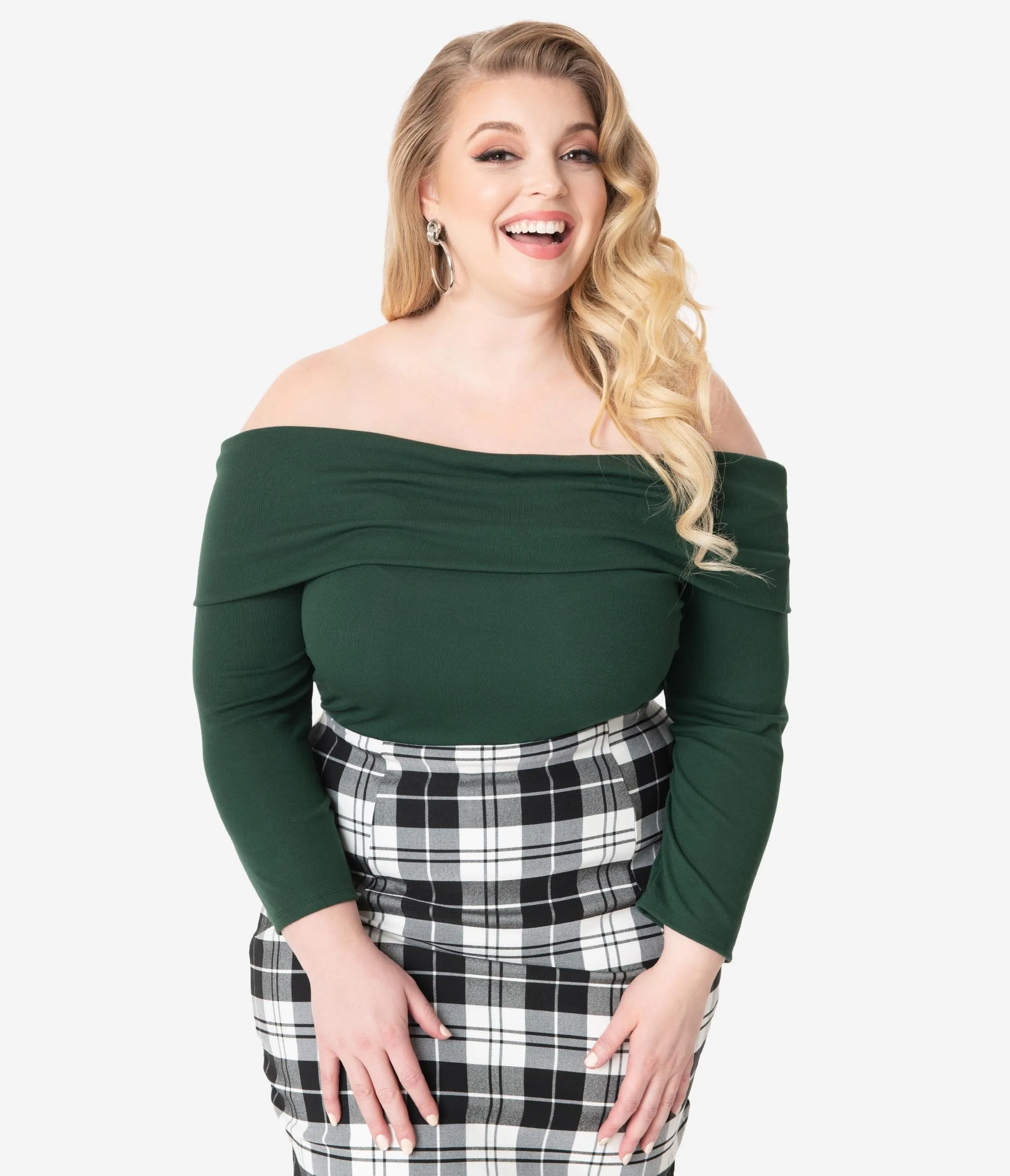 Unique Vintage Plus Size Emerald Green Off Shoulder Cowl Nina Top