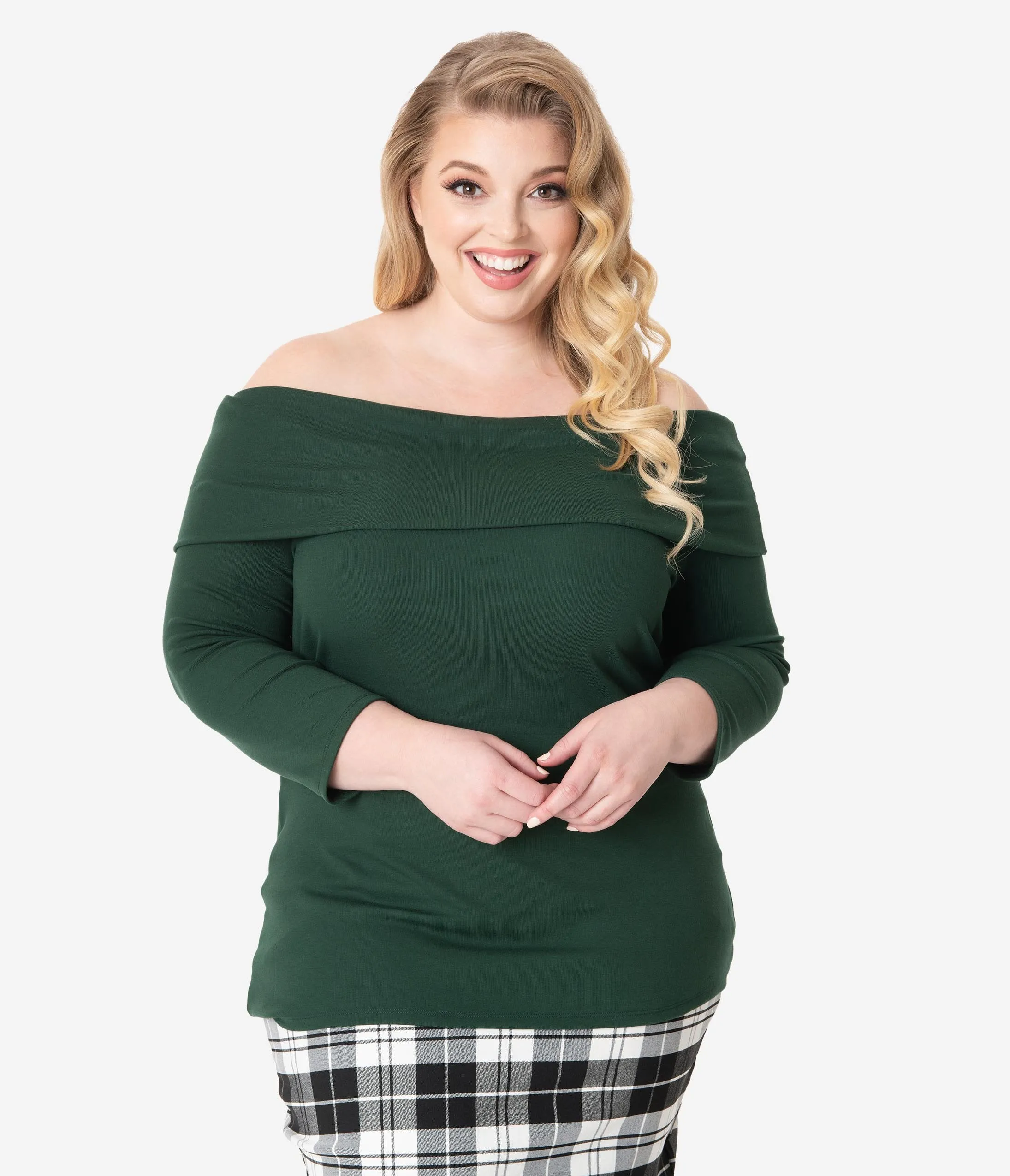 Unique Vintage Plus Size Emerald Green Off Shoulder Cowl Nina Top