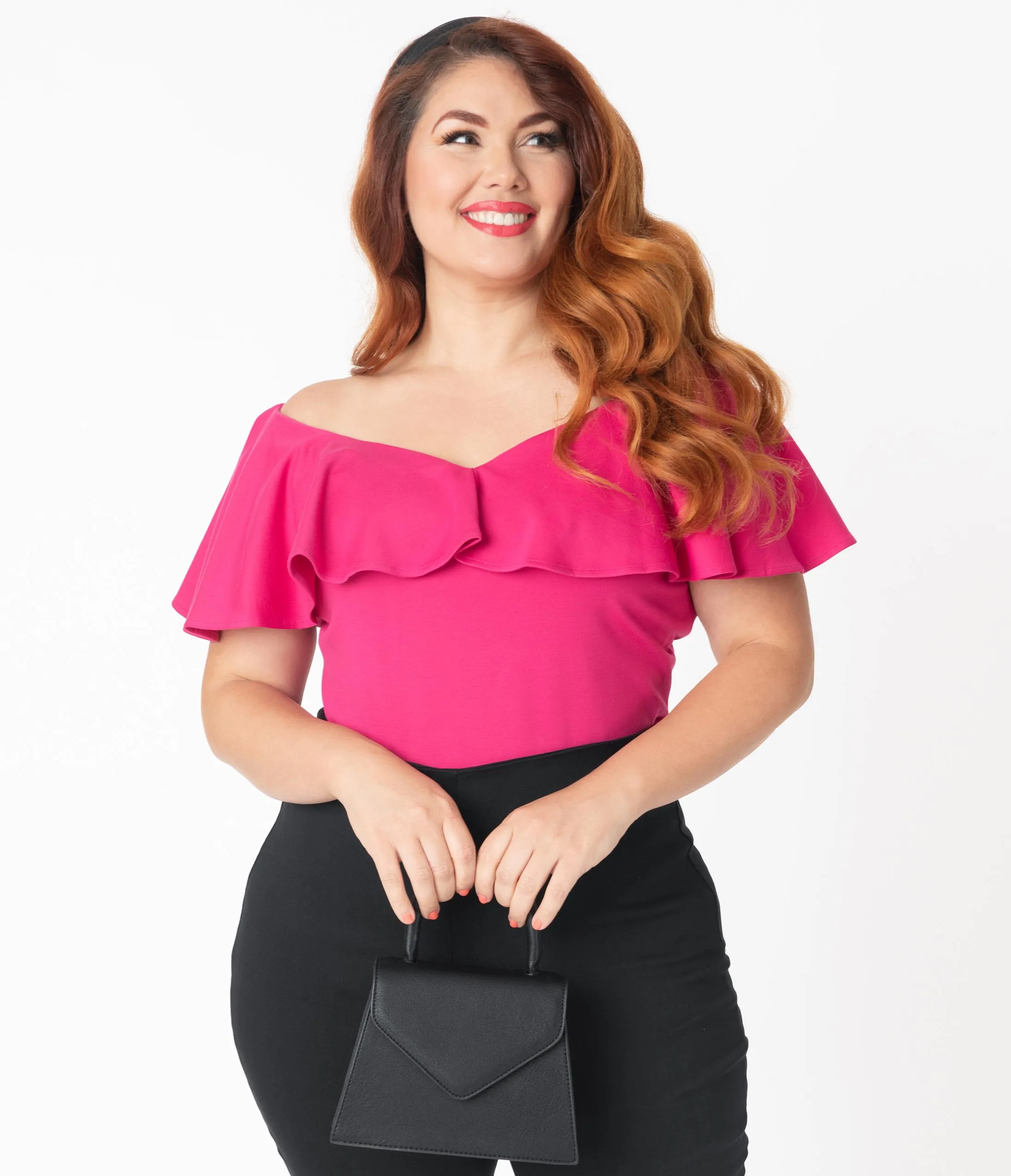 Unique Vintage Plus Size Hot Pink Off Shoulder Ruffle Frenchie Top