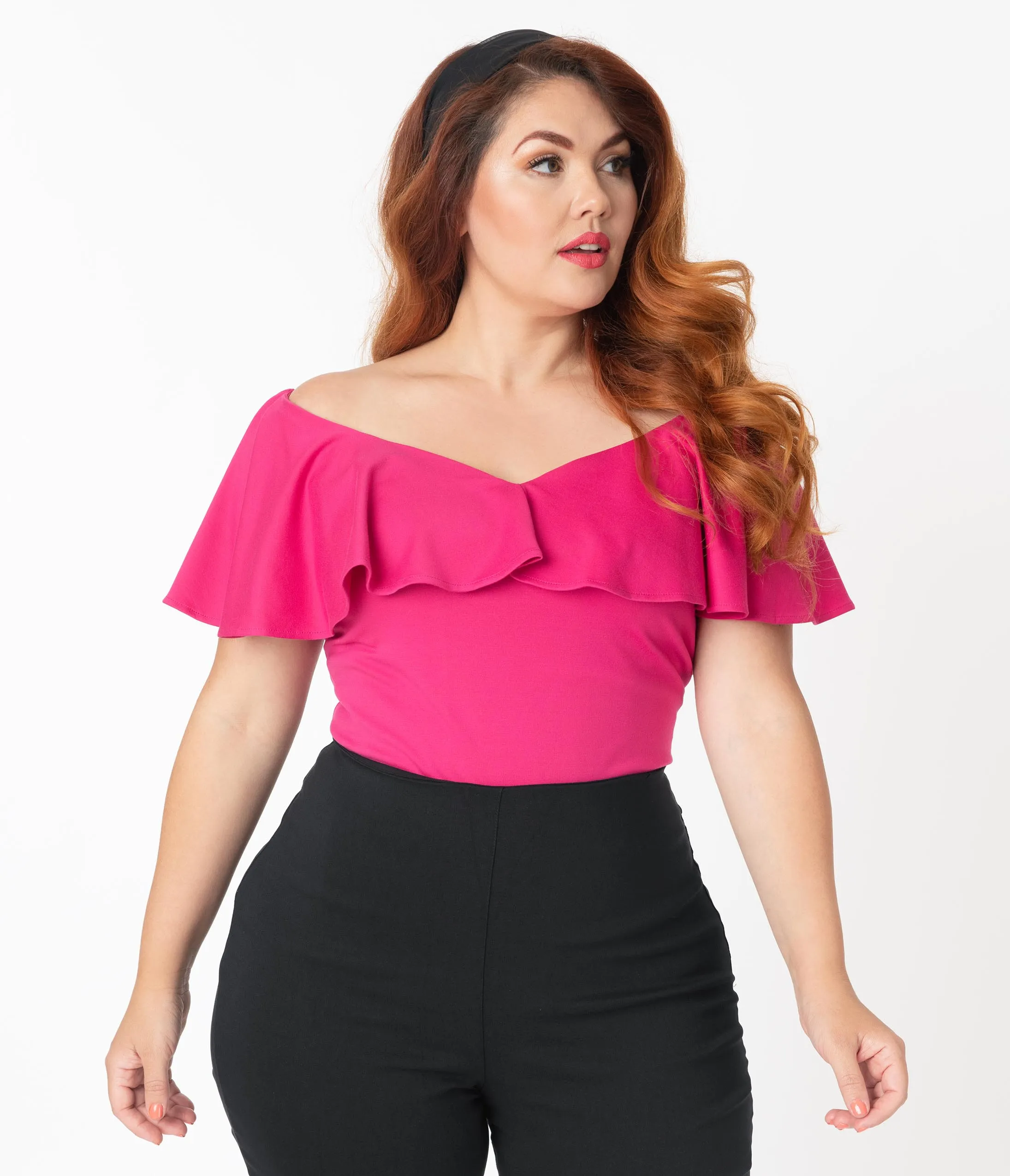 Unique Vintage Plus Size Hot Pink Off Shoulder Ruffle Frenchie Top