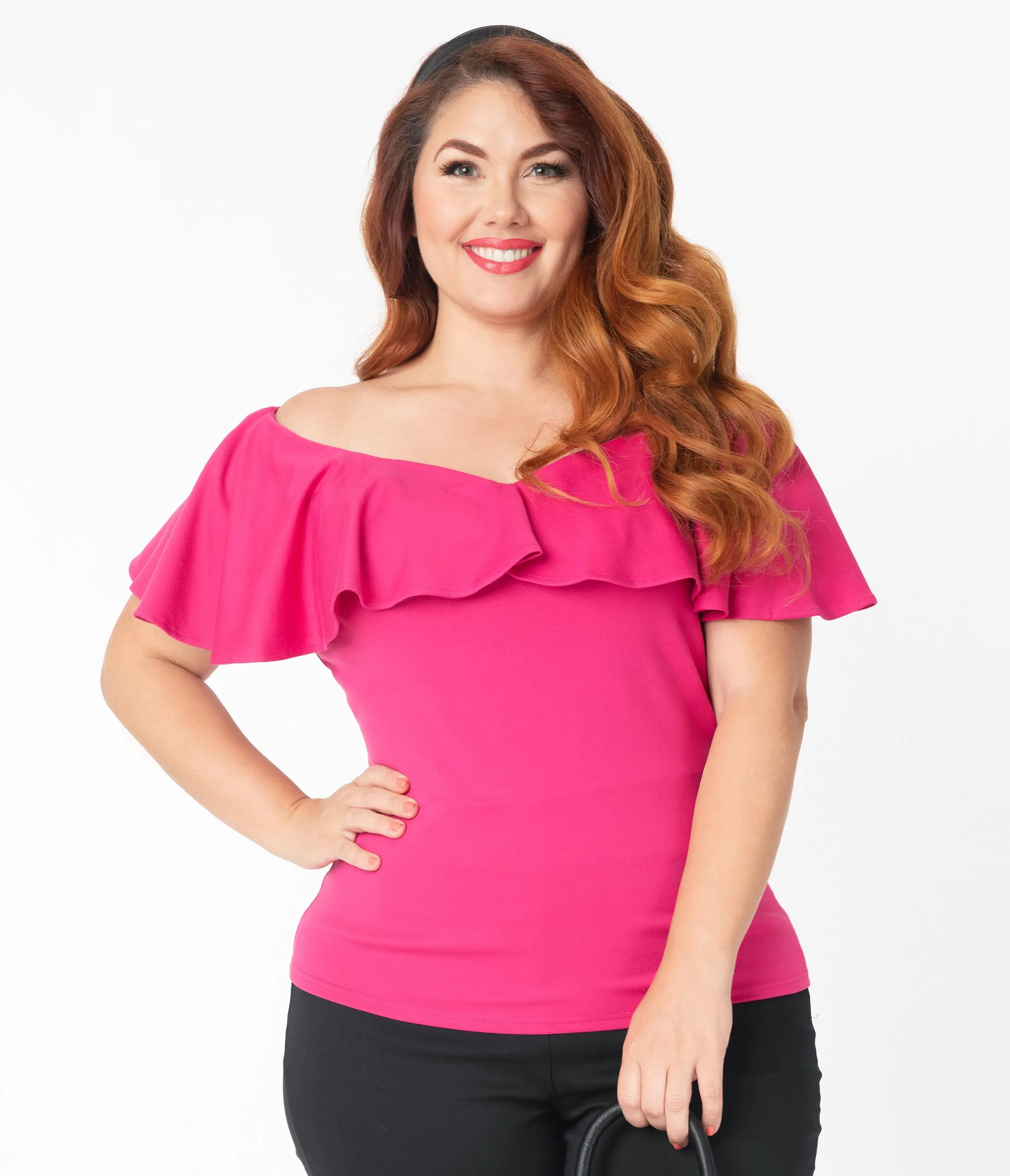 Unique Vintage Plus Size Hot Pink Off Shoulder Ruffle Frenchie Top