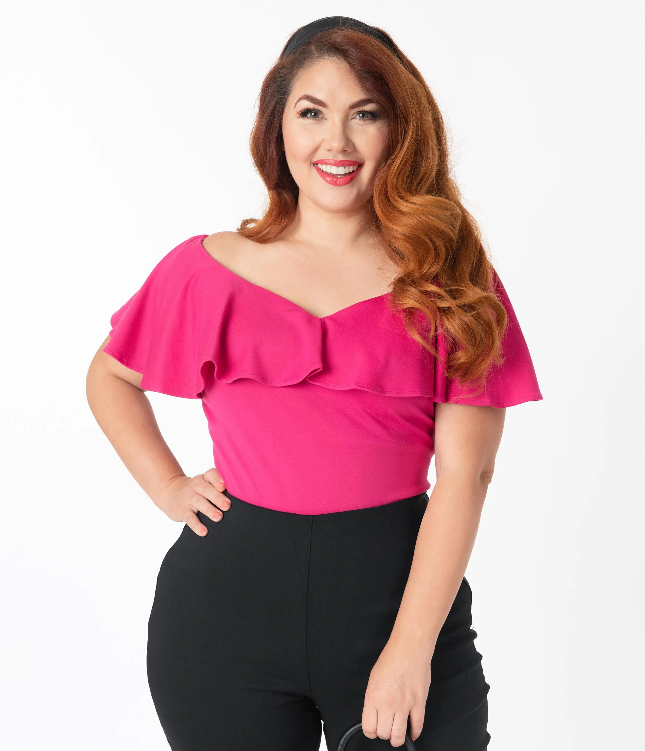 Unique Vintage Plus Size Hot Pink Off Shoulder Ruffle Frenchie Top